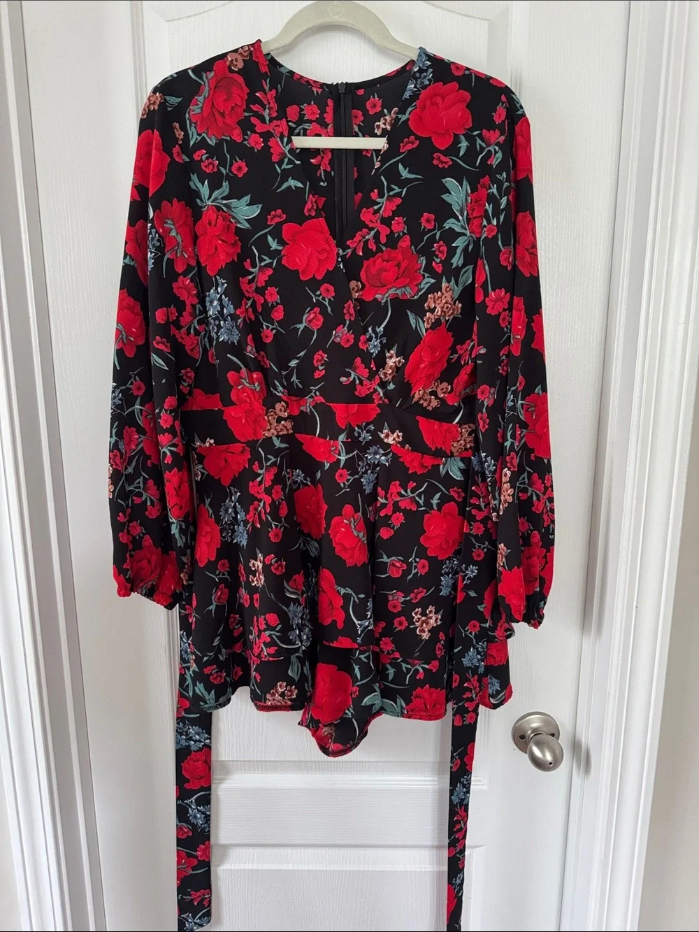 Black & Red Floral V-Neck Romper with tie and hidden zipper